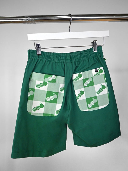 "Caterpillar Gingham" Work/Play Shorts - Green Duck (ONE-OFF). Design by HO HOS HOLE IN THE WALL