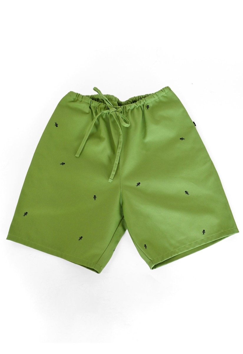 HO HOS HOLE IN THE WALL brand Custom print "Ants on Your Pants" pull-on shorts in Avocado Green dye colorway