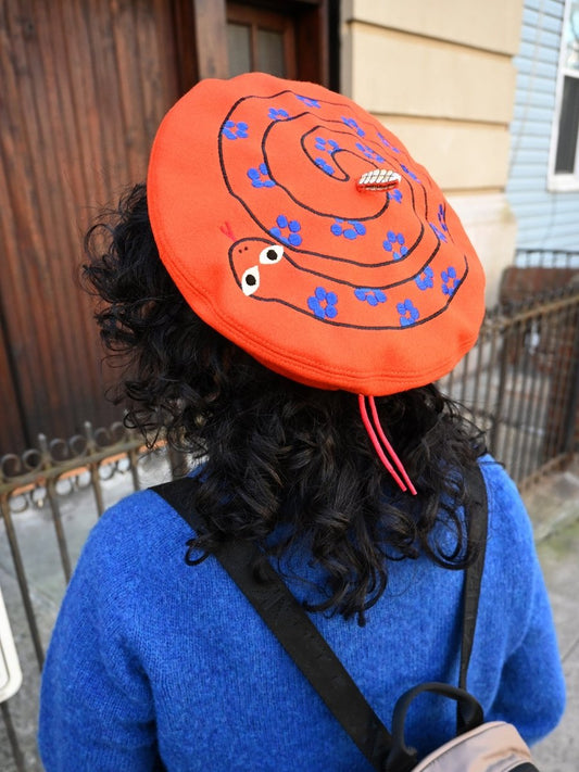 "Snake" Beret. Designed by HO HOS HOLE IN THE WALL. Made and embroidered in NYC.